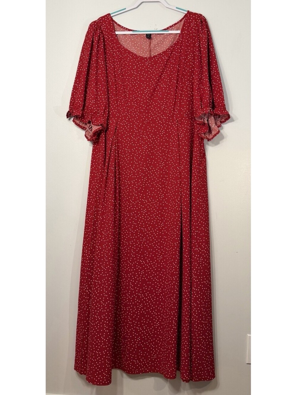 Red & White Polka Dot Ruffle Sleeve Flowy Maxi Dress Side Zip 4X EUC Lightweight